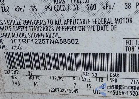 2007 Ford F-150 Stx/Xl/Xlt z USA, uszkodzony, nr VIN 1FTRF12257NA58502